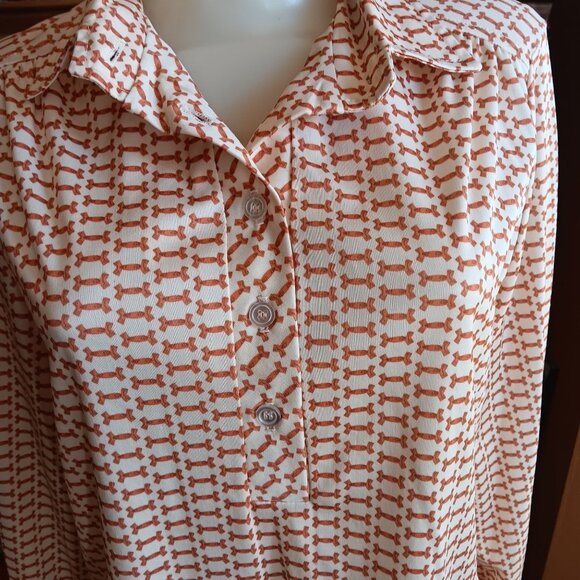 Vintage Womens Top Medium 1970's Stretch Polyester Bone Print Hippy Mom COllared - Picture 3 of 7